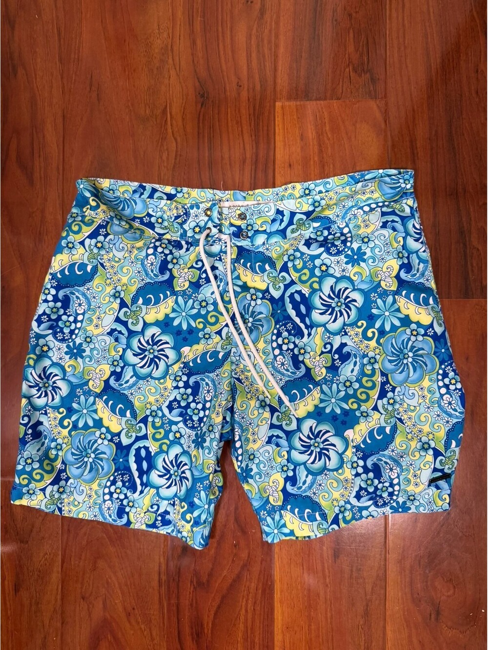 Parke & Ronen Swim Shorts Mens 34 Blue Floral Mesh Lined Drawstring Trunks Beach